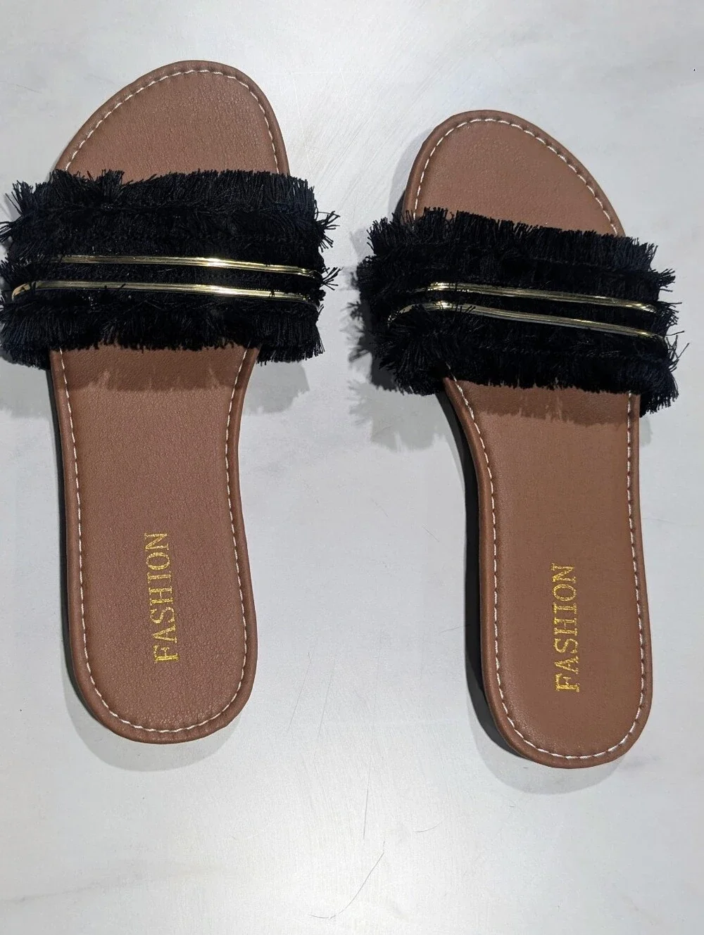 Black Fringe Slide Sandals